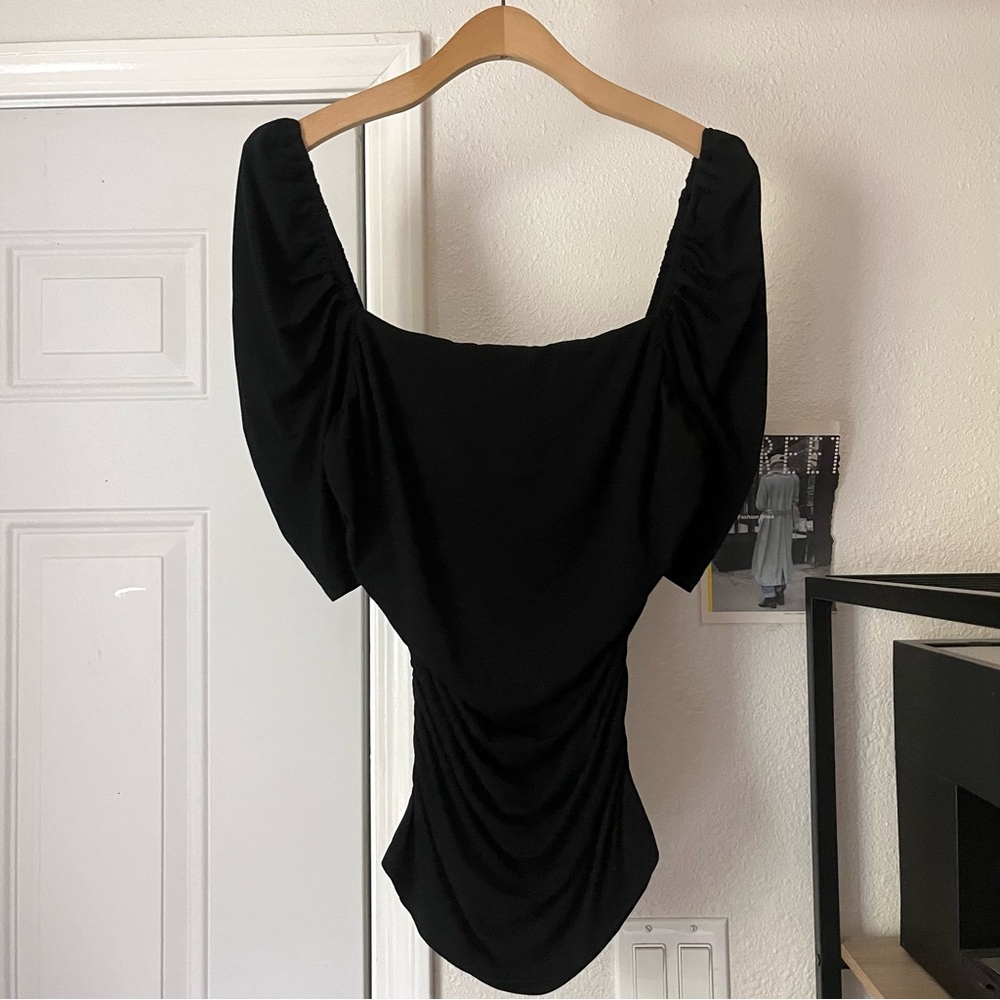 FRAME black modal spandex square neck puff short‎ sleeve ruched cropped top